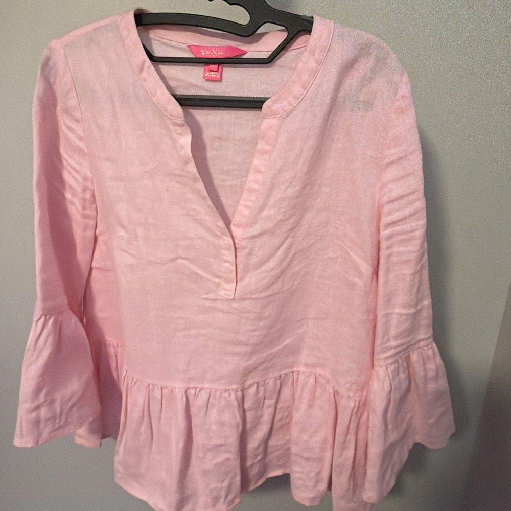 Lilly Pulitzer Bekah 3/4 Sleeve 100% Linen Pink Blouse Size Small